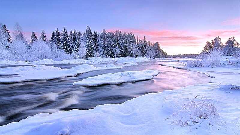 River Flowing Through Snow — Blue, Serene, Winter, Photograph, Trees, Sky