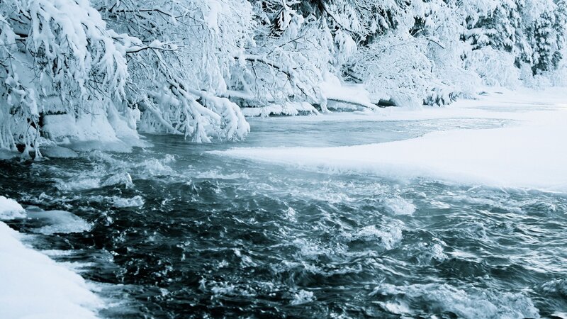 River Flowing Through Snow — White, Cold, Winter, Photograph
