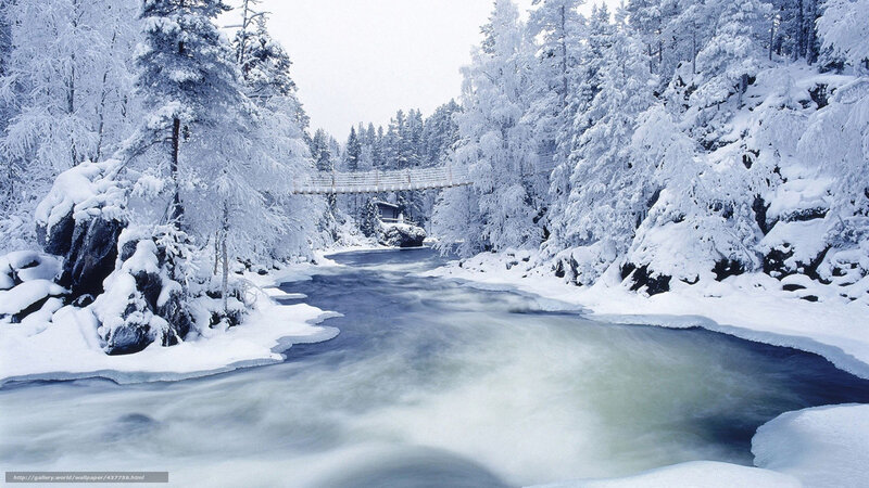 River Flowing Through Snow — White, Serene, Winter, Photograph, Bridge