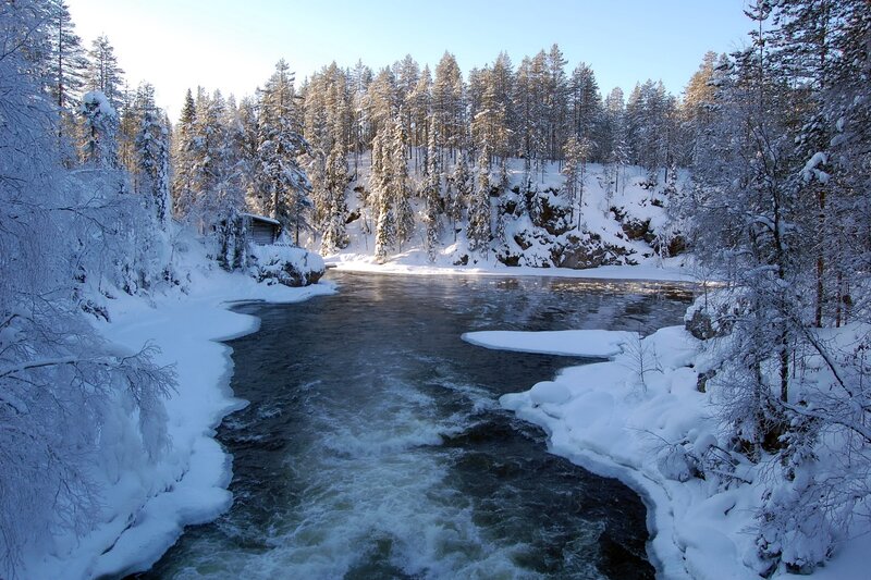 River Flowing Through Snow — White, Serene, Winter, Photograph, Trees