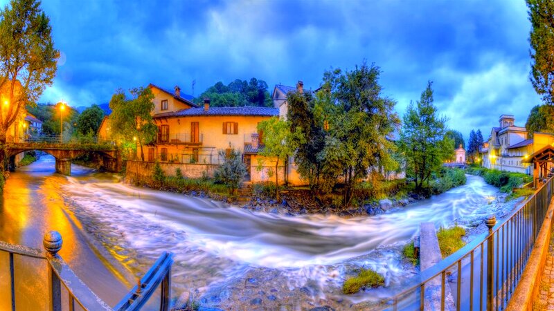 River Flowing Through Town — Blue, Serene, Night