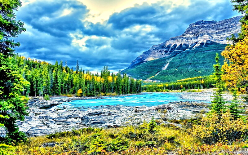 River Flowing Through Valley — Blue, Dramatic, Autumn