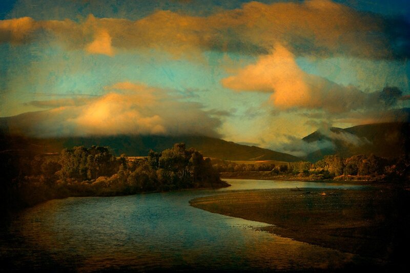 River Flowing Through Valley — Blue, Dramatic, Sunset, Painting