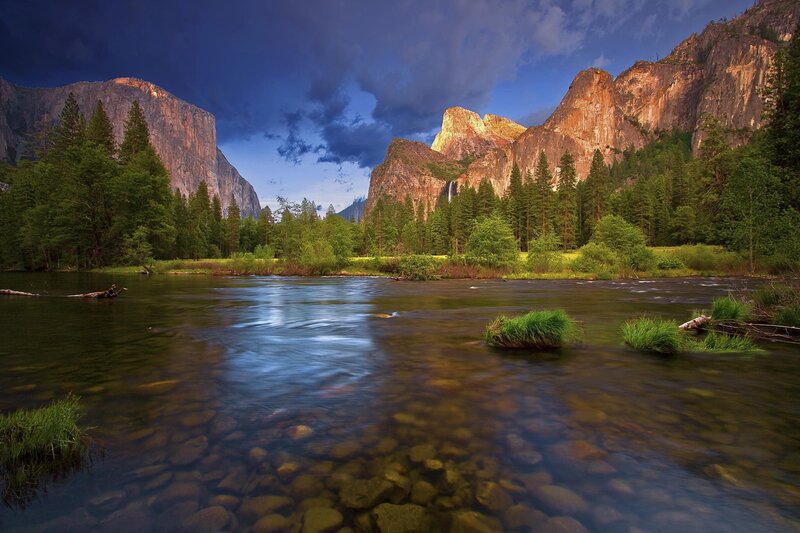 River Flowing Through Valley — Blue, Dramatic, Sunset, Photograph, Mountains, Trees, Waterfall