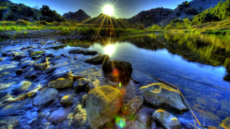 River Flowing Through Valley — Blue, Dramatic, Sunset, Photograph