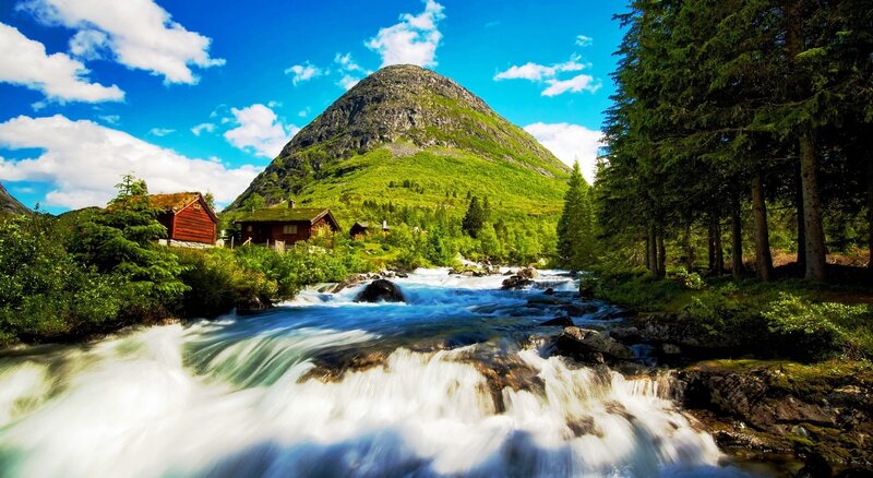 River Flowing Through Valley — Blue, Serene, Afternoon, Photograph, Mountain, Cabin, Trees