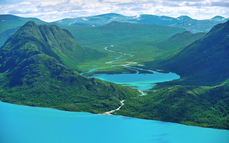 River Flowing Through Valley — Blue, Serene, Afternoon, Photograph, Mountains, Lake