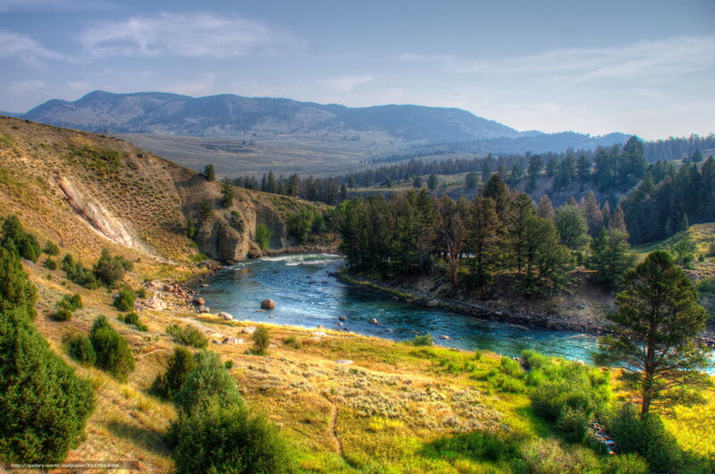River Flowing Through Valley — Blue, Serene, Afternoon, Photograph, Mountains, Trees, Green