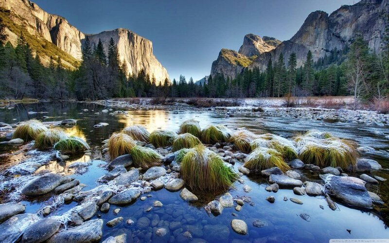 River Flowing Through Valley — Blue, Serene, Morning, Photograph