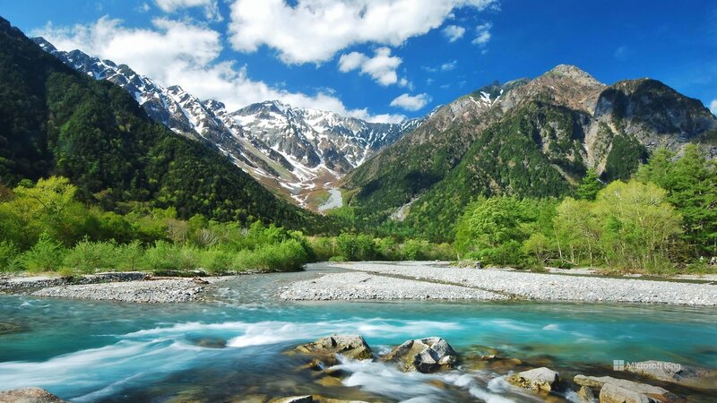 River Flowing Through Valley — Blue, Serene, Spring