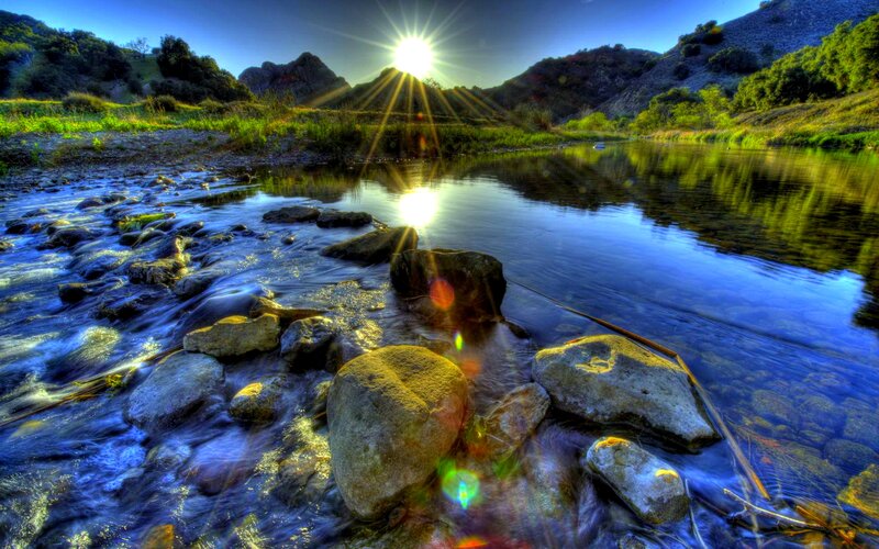 River Flowing Through Valley — Blue, Serene, Sunrise