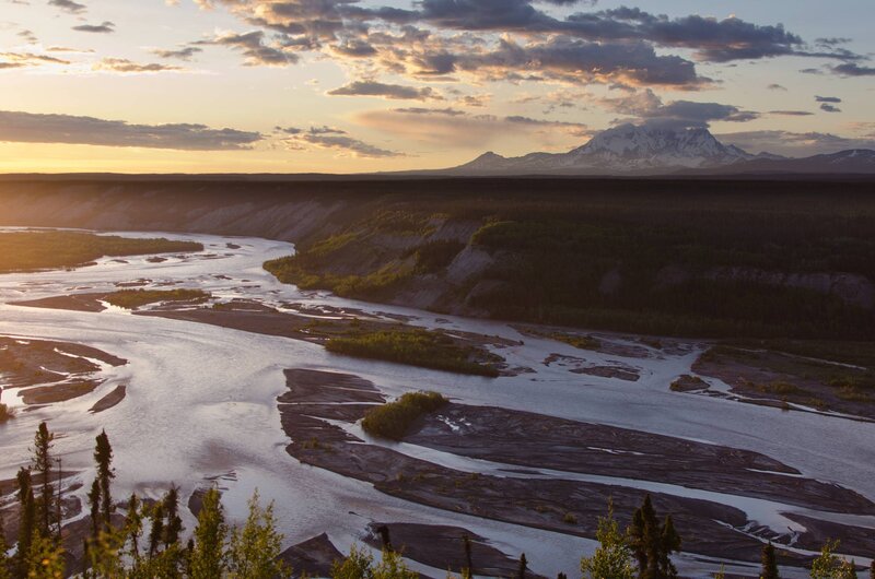 River Flowing Through Valley — Blue, Serene, Sunset, Photograph, Mountain