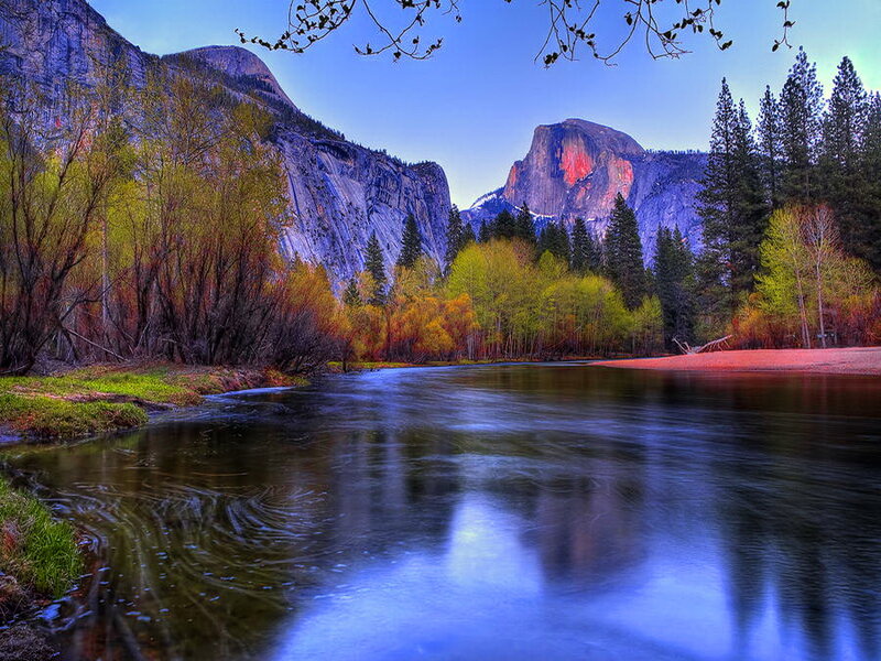 River Flowing Through Valley — Blue, Serene, Sunset, Photograph, Mountains