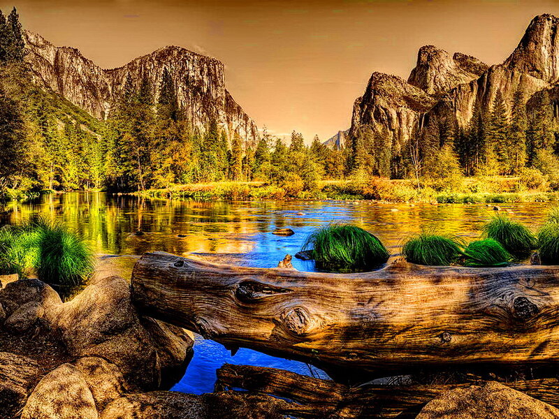 River Flowing Through Valley — Blue, Serene, Sunset, Photograph, Mountains, Trees