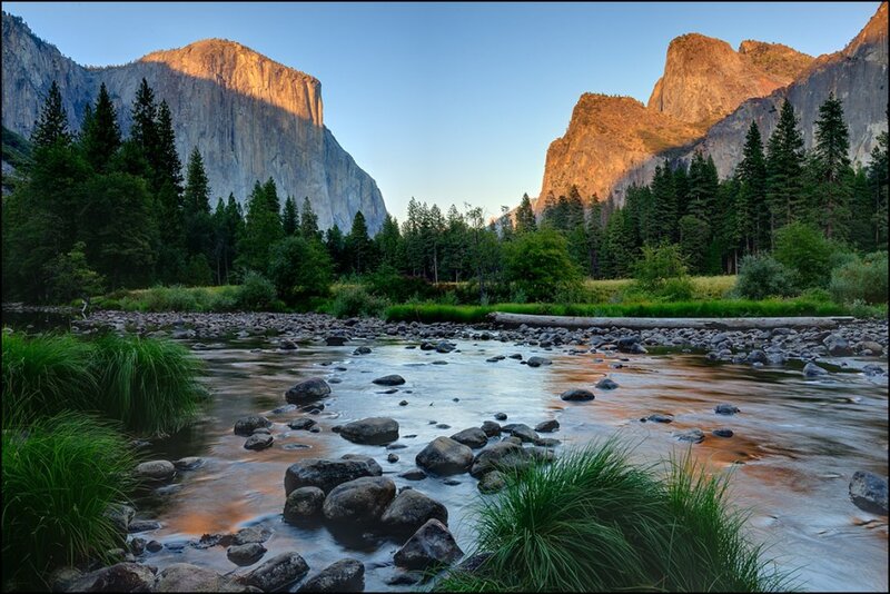 River Flowing Through Valley — Blue, Serene, Sunset, Photograph