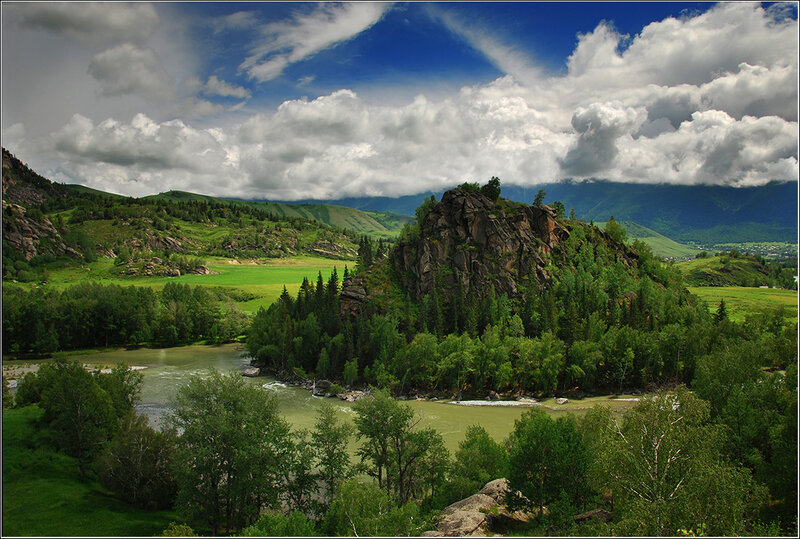 River Flowing Through Valley — Green, Dramatic, Afternoon