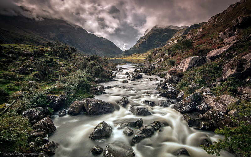 River Flowing Through Valley — Green, Dramatic, Photograph, Mountains, Rocks