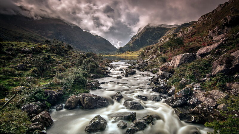 River Flowing Through Valley — Green, Dramatic, Photograph, Mountains