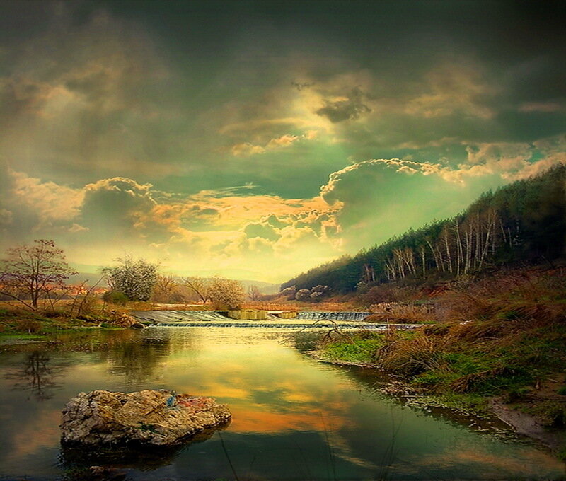 River Flowing Through Valley — Green, Dramatic, Sunset