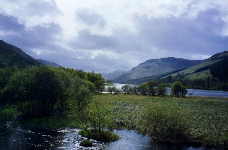 River Flowing Through Valley — Green, Overcast, Photograph