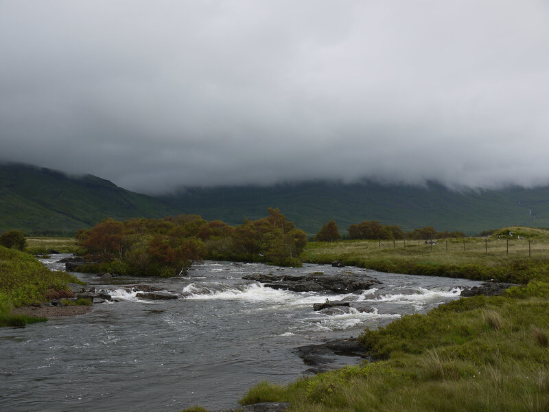 River Flowing Through Valley — Green, Overcast