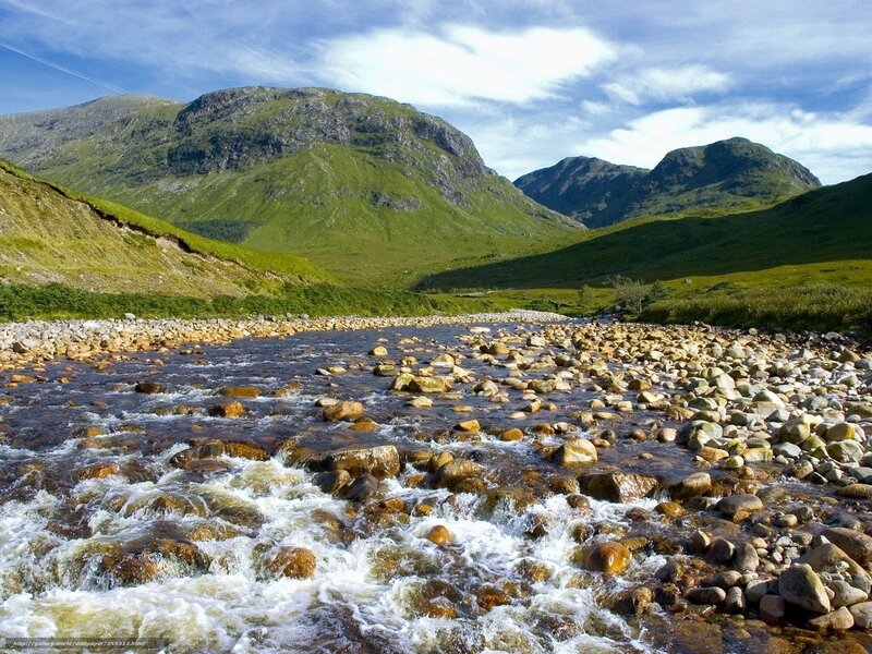 River Flowing Through Valley — Green, Serene, Afternoon, Photograph, Mountains, Rocks