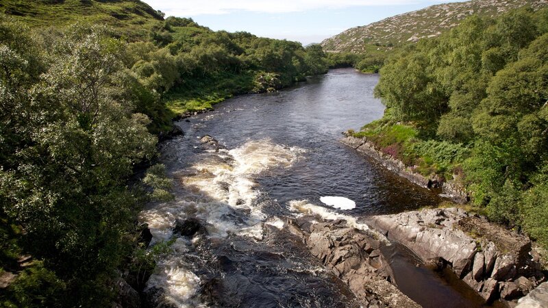 River Flowing Through Valley — Green, Serene, Afternoon, Photograph, Trees, Rocks, Rapids, Brown, Blue