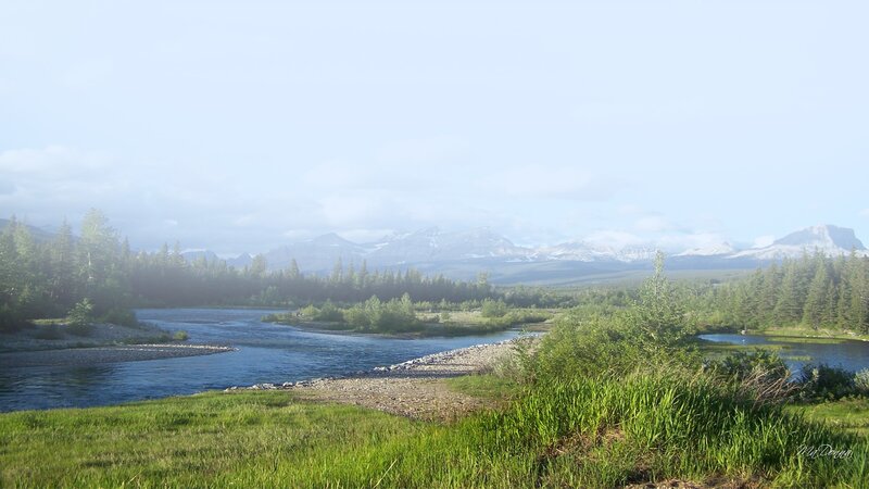 River Flowing Through Valley — Green, Serene, Morning, Photograph, Mountains