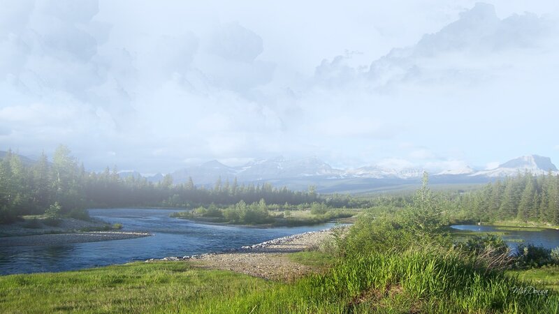 River Flowing Through Valley — Green, Serene, Morning