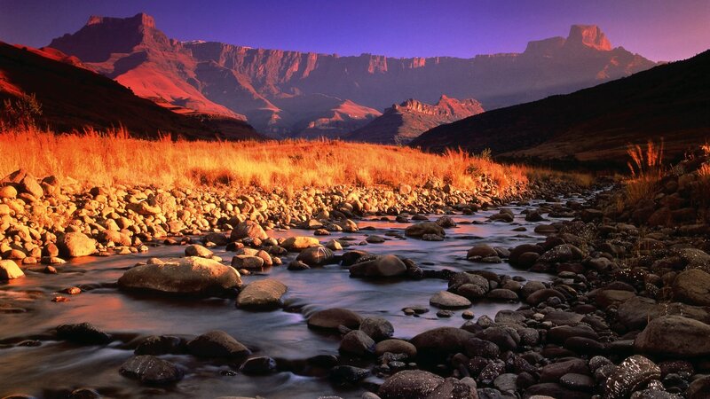 River Flowing Through Valley — Purple, Dramatic, Sunset, Photograph