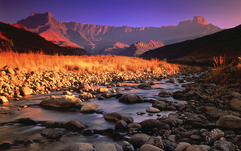 River Flowing Through Valley — Purple, Dramatic, Sunset