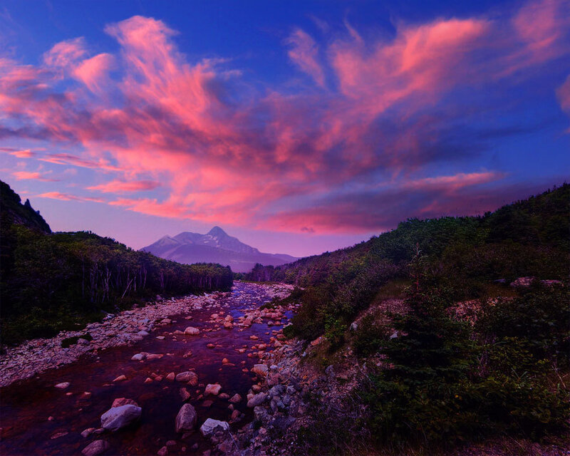 River Flowing Through Valley — Purple, Dramatic