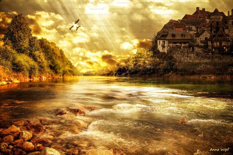 River Flowing Through Village — Gold