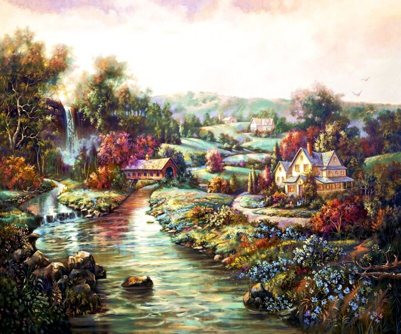 River Flowing Through Village — Green, Serene, Afternoon, Painting