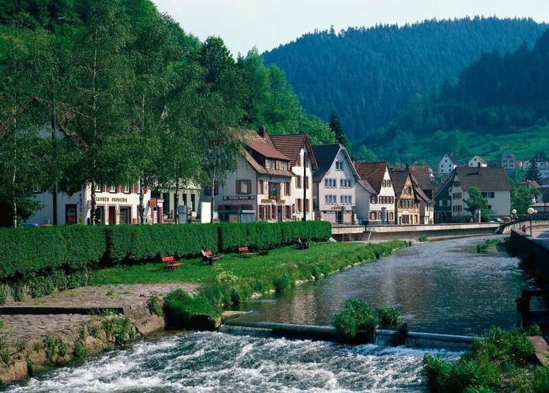 River Flowing Through Village — Green, Serene