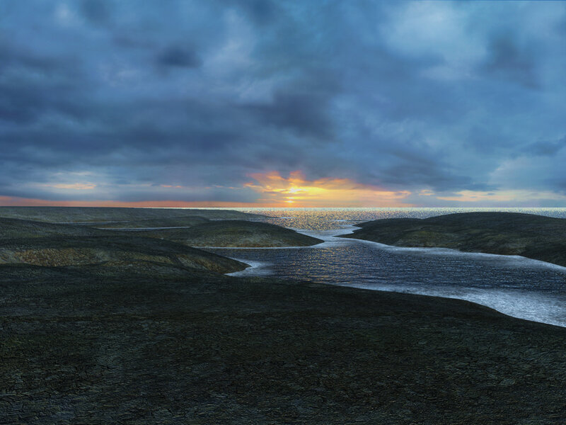 River Flowing to Ocean — Blue, Dramatic, Sunset, Digital Art, Sky