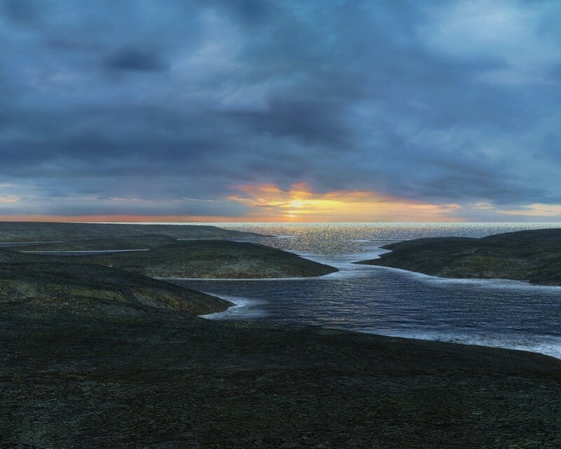 River Flowing to Ocean — Blue, Dramatic, Sunset, Digital Art