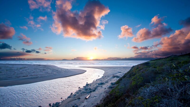 River Flowing to Ocean — Blue, Serene, Sunset, Photograph, Beach
