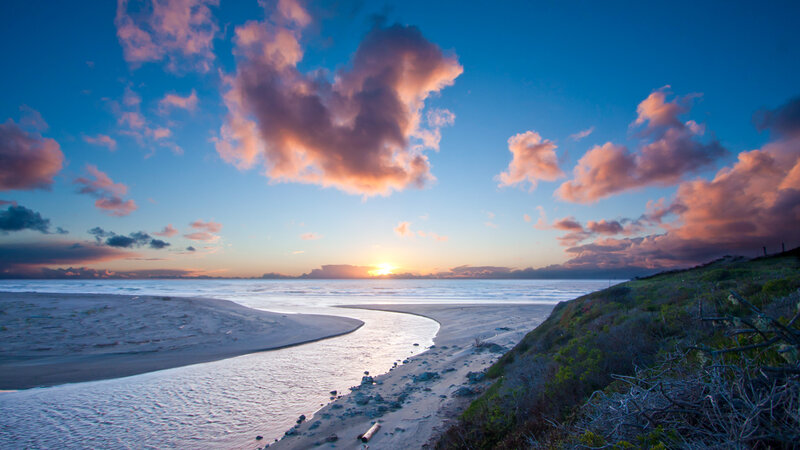 River Flowing to Ocean — Blue, Serene, Sunset, Photograph, Clouds