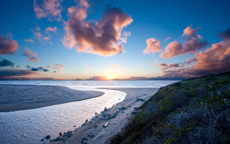 River Flowing to Ocean — Blue, Serene, Sunset, Photograph