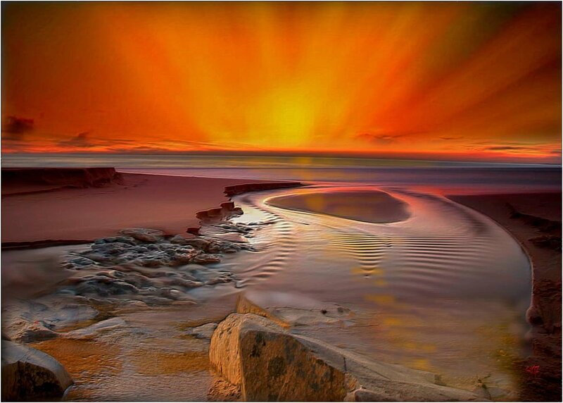 River Flowing to Ocean — Orange, Dramatic