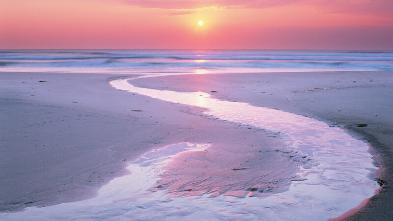 River Flowing to Ocean — Pink, Serene, Sunset, Photograph