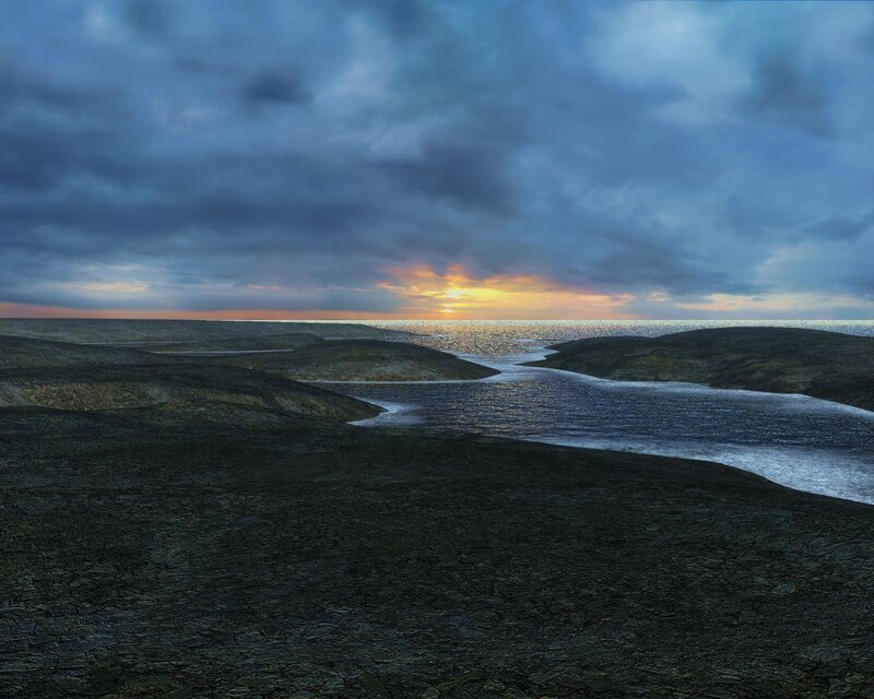 River flowing to the sea at sunset