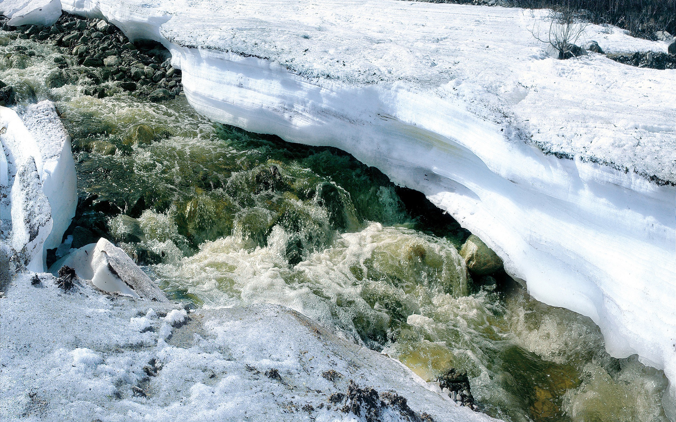 river flowing under snowbank