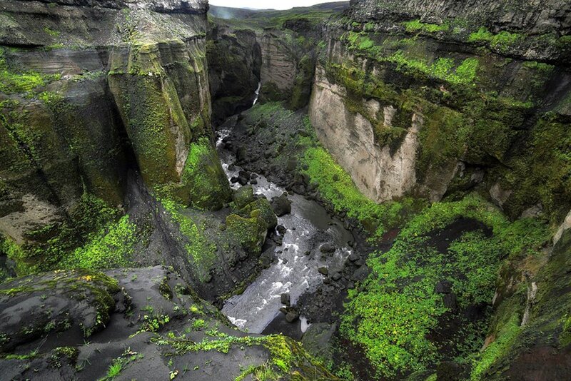 River in a Canyon — Green, Dramatic, Photograph, Moss, Rocks, Gray