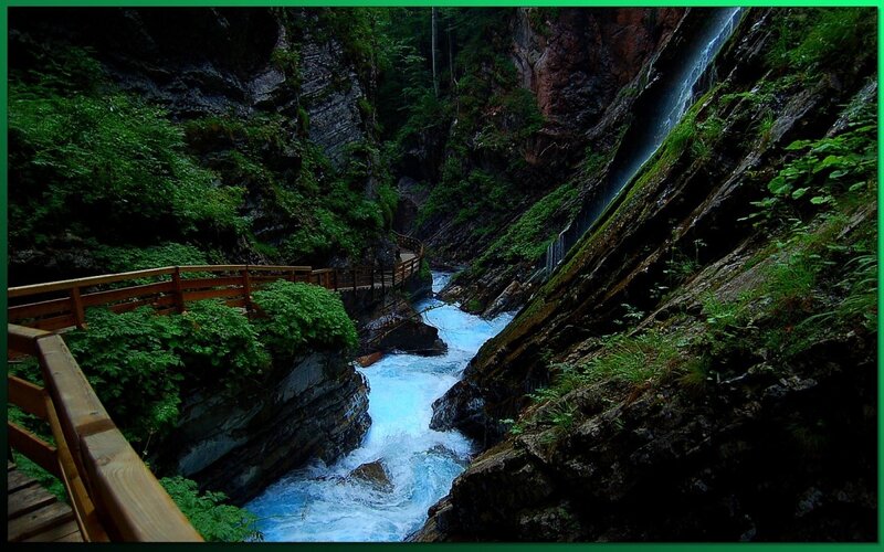 River in a Canyon — Green, Dramatic, Photograph, Wooden Walkway, Waterfall, Trees, Blue