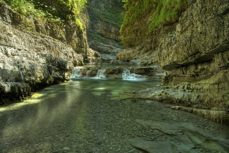 River in a Canyon — Green, Serene, Afternoon, Photograph, Stream, Rocks