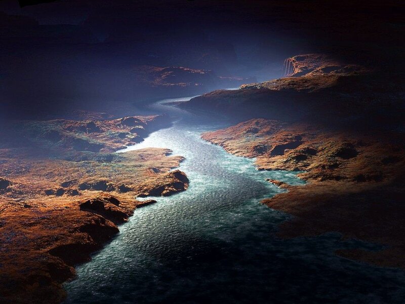 river in a dark canyon