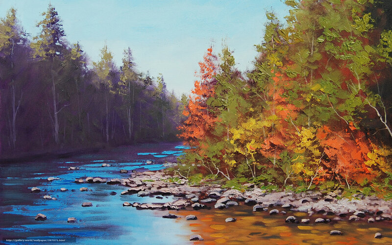 River in Autumn Forest — Blue, Serene, Painting
