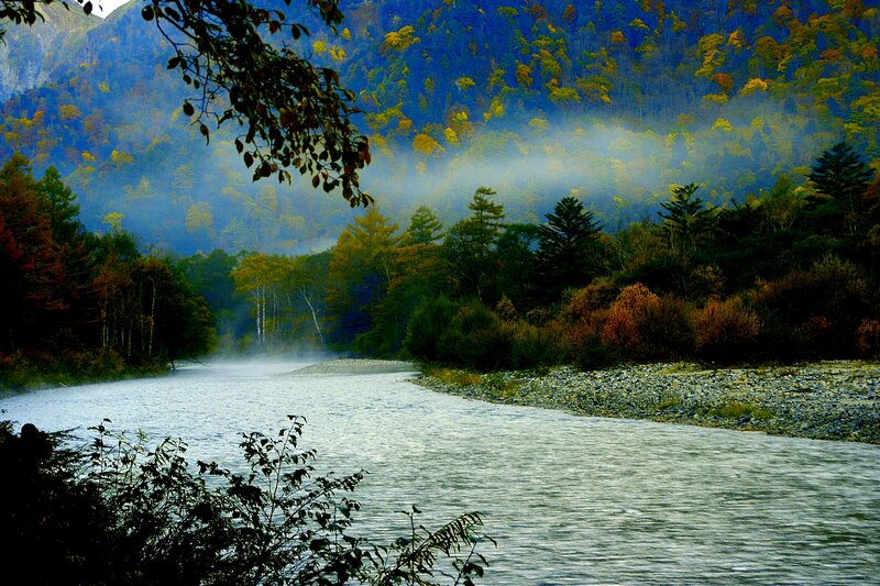 River in Autumn Forest — Blue, Serene, Photograph, Trees, Mountain